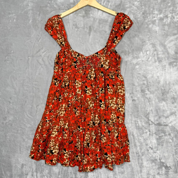 Free People Pattern Play Mini Dress Womens Small Orange Floral Linen Blend - Picture 2 of 12